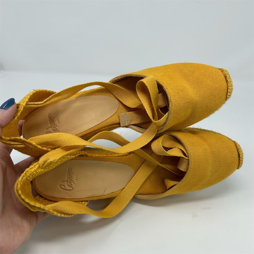 Castañer Womens Mustard Yellow Espadrille Wedge Heels Lace-Up Ankle Wrap Size 37 - Picture 12 of 13